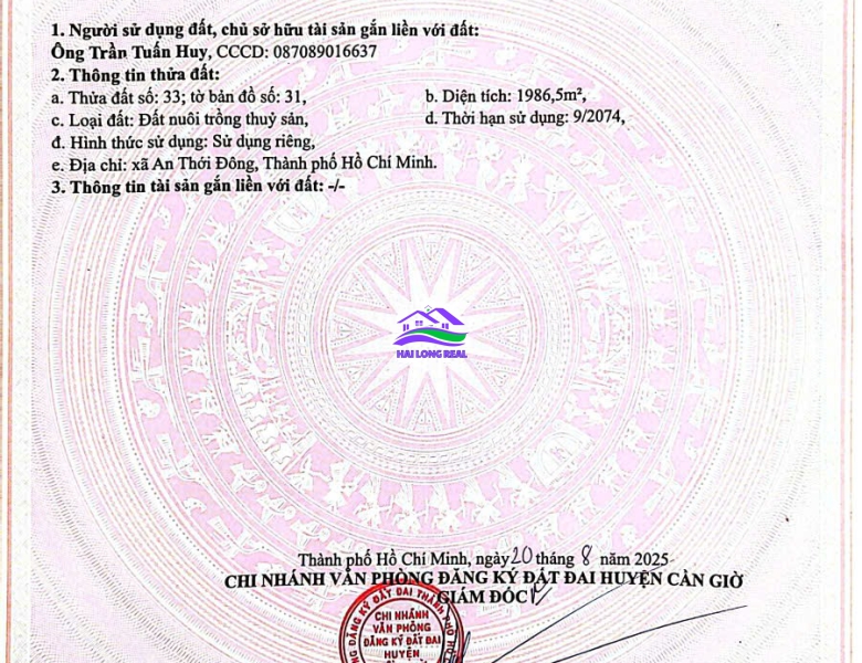 Đất giá: 3,5ty, DT: 35*58m, 2200m2, đường xe máy, xã An Thới Đông, Cần Giờ 