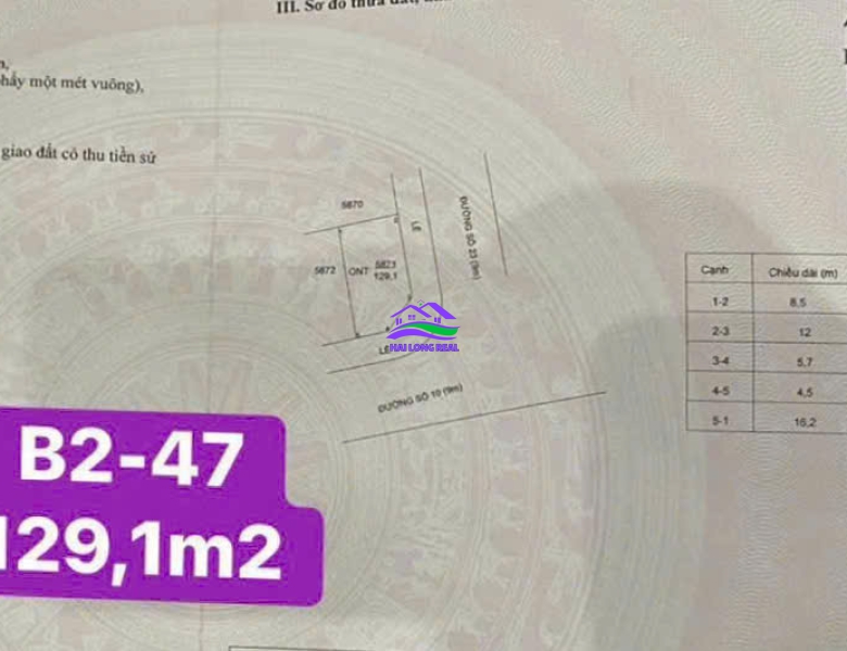 Đất Góc giá: 4.9ty, DT: 8.5x16m, 129m2, lô Góc đường 23 - đường 10, lô B2-47, khu SAIGON VILLAGE, long hậu
