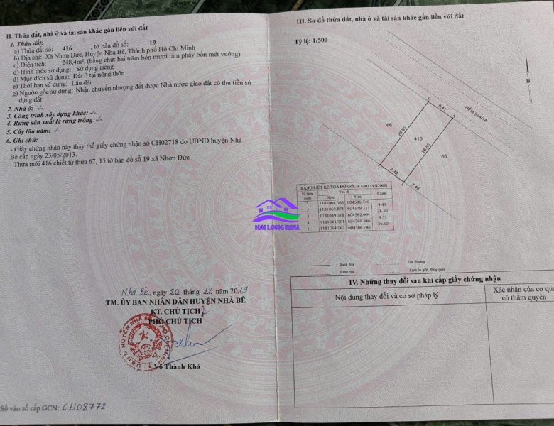 HAILONGREAL; Nhà 9.4x26m, giá: 36tr/m2, 248m2,đường lê thị tám, xã nhơn đức, nhà bè 