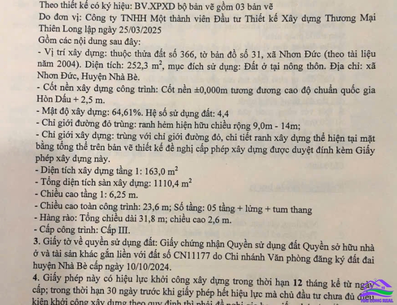 HAILONGREAL: Đất giá: 14,5ty, DT: 806m2, thổ cư: 252m2, có GPXD 7 tầng, Lê Văn Lương, Nhà Bè 