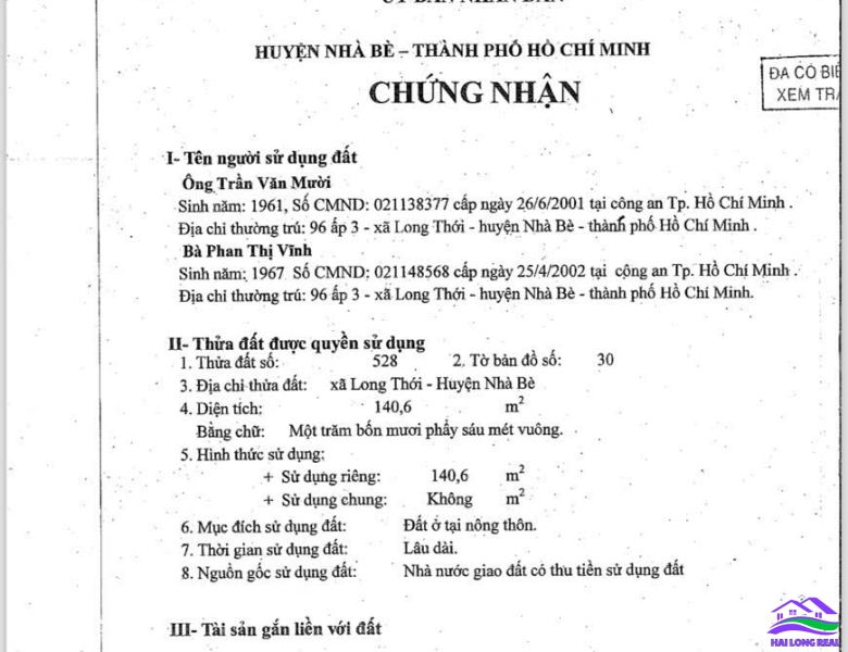 HAILONGREAL: Đất giá: 4,6ty, DT: 5*28m, đường 12m, khu 526/ Nguyễn Văn Tạo, xã Long Thới, Nhà Bè 